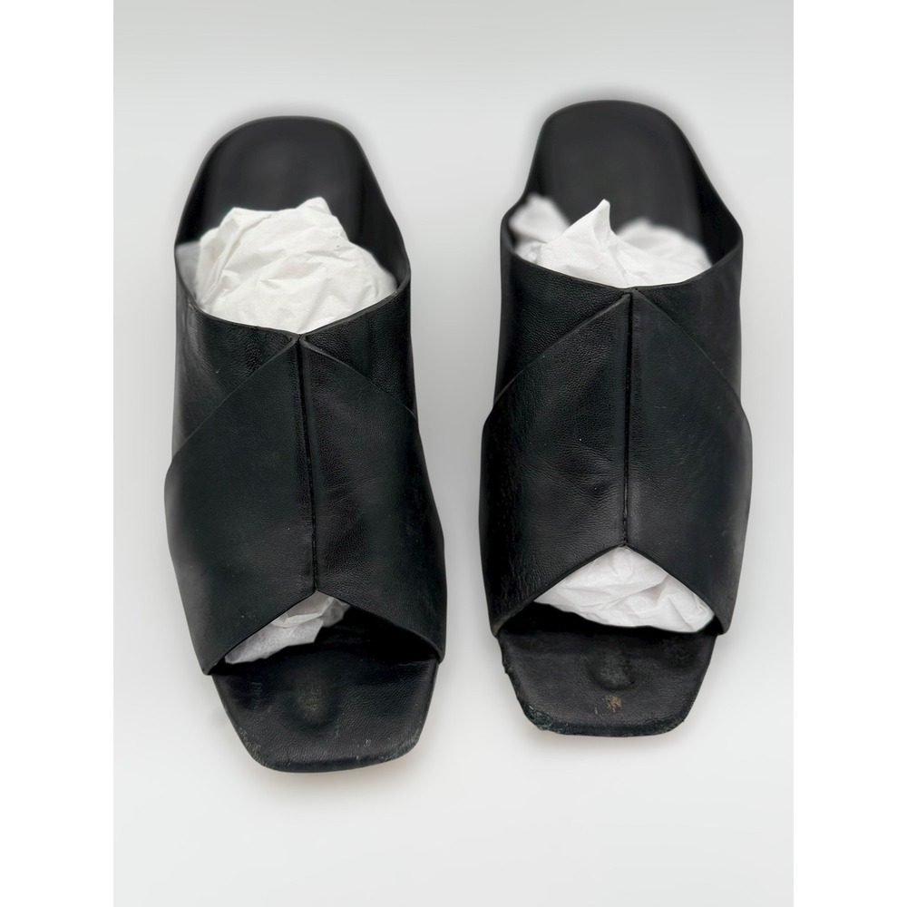 Vince Black Leather Square Open Toe Block Heel Mules Sandals Preppy Sandals Sz 7